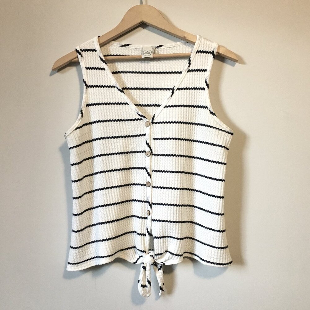 Paper Crane Tie Hem Wooden Button Down Tank Top Small | Boho Blue